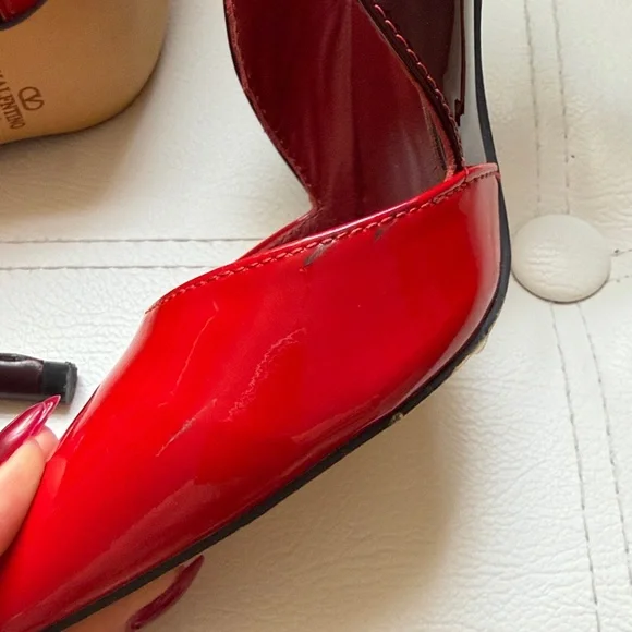 Valentino Red Patent Pointed-Toe Pumps with Black Accents - Picture 4 of 5